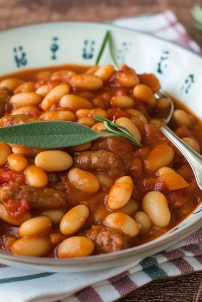 Hearty cannellini beans and sausage in tomato sauce, a great example of Easter Lunch.