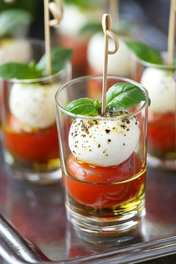 Individual caprese appetizers featuring cherry tomatoes, fresh basil, and mozzarella balls in small glasses for a festive holiday spread.