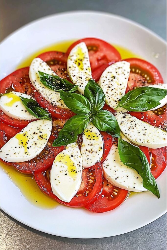 Slices of bright red tomatoes and fresh white mozzarella cheese arranged in a circle with basil leaves and olive oil for a festive Easter lunch.