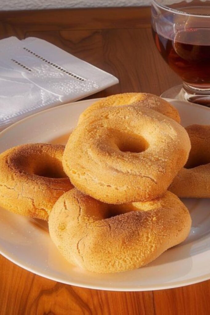 Ring-shaped golden cookies on a plate, a sweet example of Italian Easter Dishes.