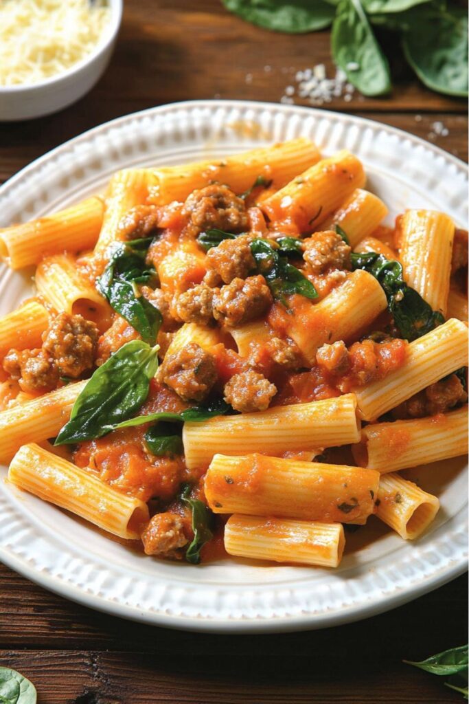 Creamy rigatoni pasta with Italian sausage and spinach, a hearty Italian Easter Dinner selection.