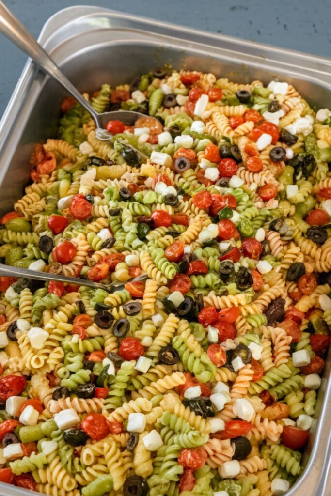 Large tray of colorful rotini pasta salad, a great example of an Easter Lunch.