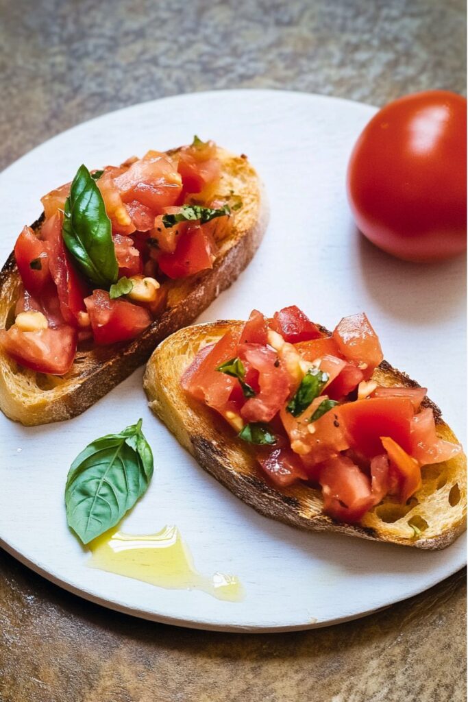 Toasted sourdough topped with chopped tomatoes and basil, a classic Traditional Italian Easter Meal starter.