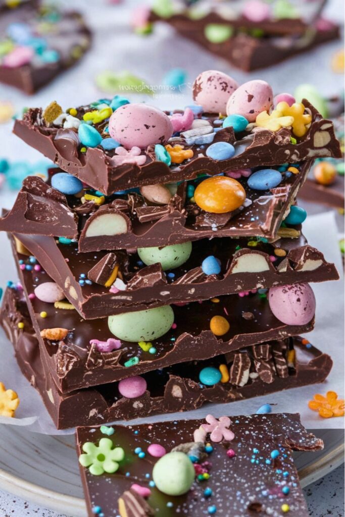 A tall stack of thick semi-sweet chocolate bark shards packed with colorful mini candy eggs and floral sprinkles for a variety of foods for easter dinner.