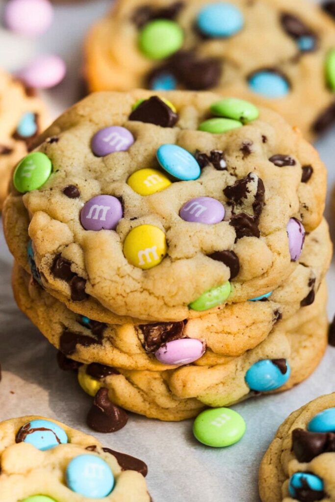 A tall stack of soft, chewy chocolate chip cookies loaded with pastel-colored Easter snacks candies.