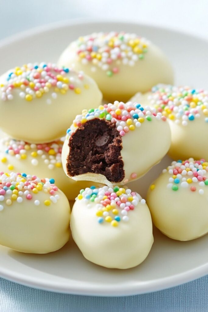 White chocolate coated Oreo truffles with sprinkles, a fun addition to your Easter Menu.