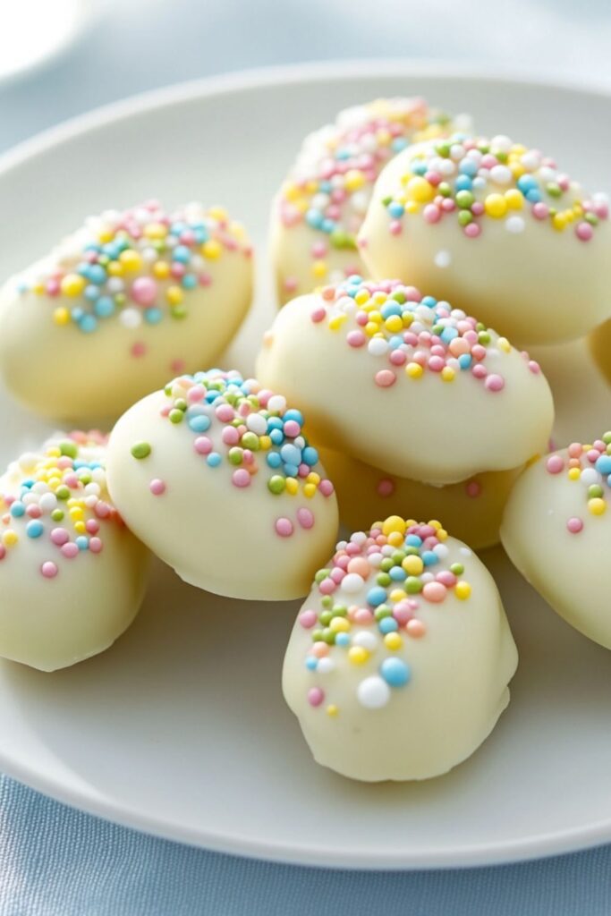 A white plate holding several egg-shaped Oreo truffles coated in smooth white chocolate and decorated with pastel spring celebration sprinkles.