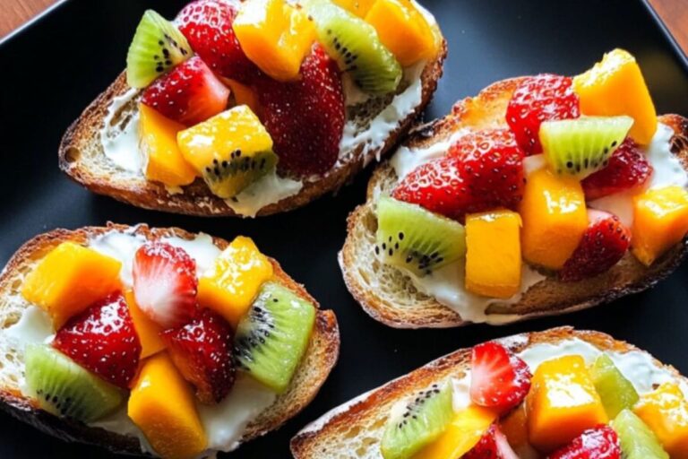 Fresh Fruit Bruschetta Bites: A Sweet Italian Party Appetizer with Strawberry, Mango & Kiwi!