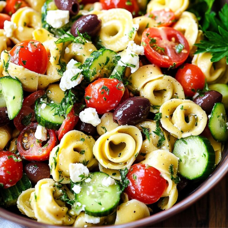 Whole Foods Greek Tortellini Pasta Salad with a variety of fresh vegetables and feta cheese