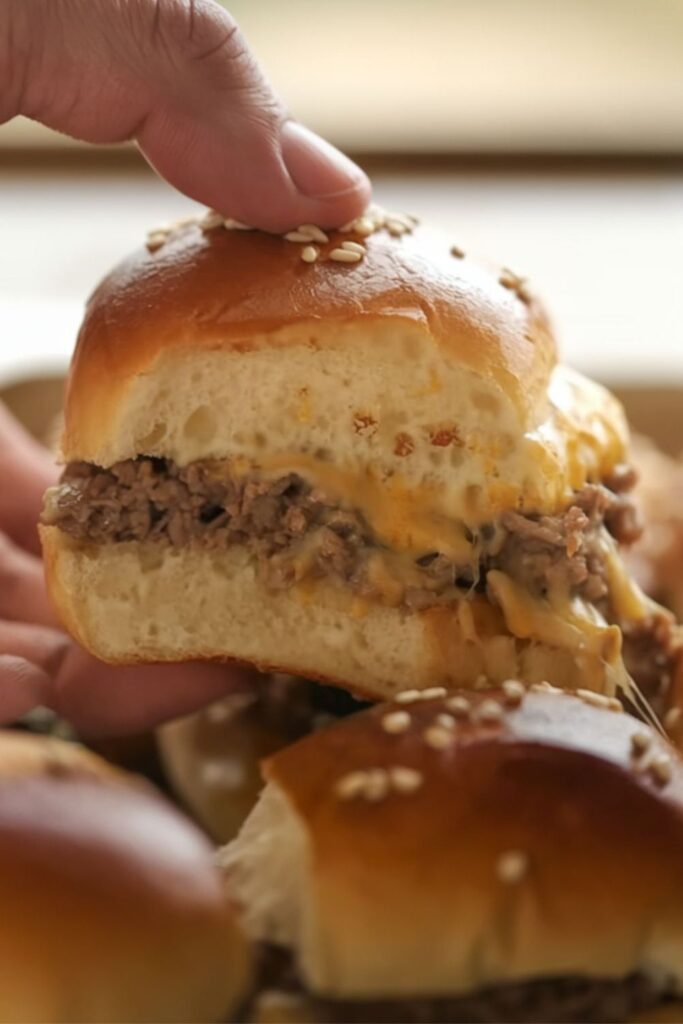 A hand picking up a cheesy sesame seed beef slider, a classic choice for picnic food.