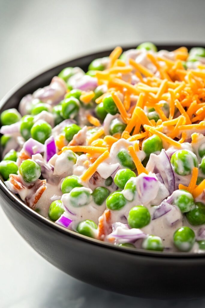 A bowl of creamy green pea salad with cheese and bacon, perfect as bbq side dishes.