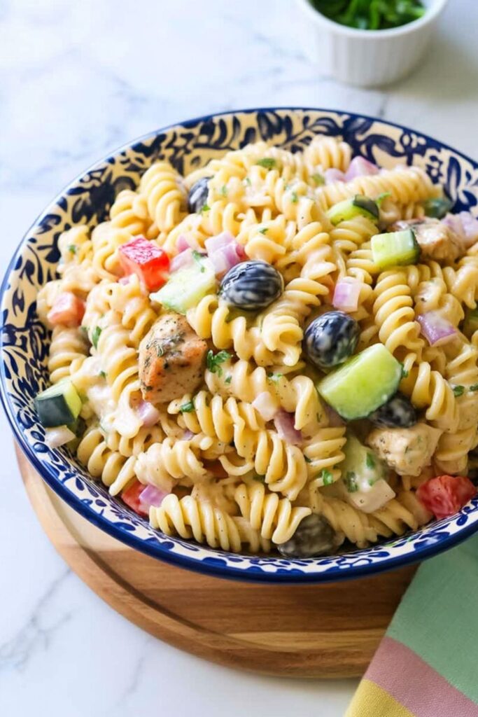 A bowl of creamy rotini pasta salad with chicken and vegetables as a picnic food.