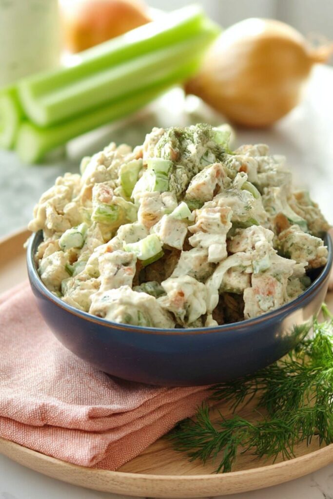 A bowl of creamy dill chicken salad with celery, serving as tasty cookout side dishes.
