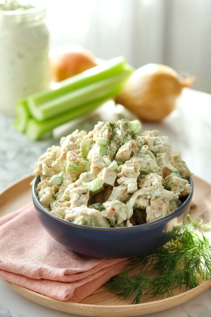A bowl of creamy chicken salad with fresh dill, a great example of picnic side dishes.