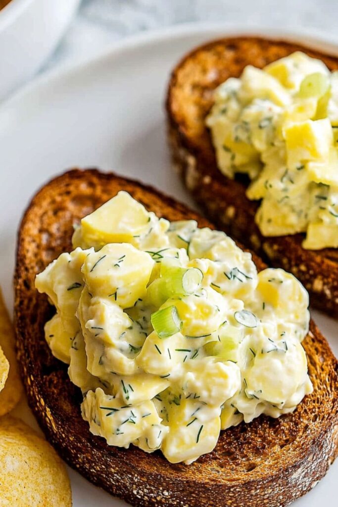 Creamy egg salad with green onions served on toasted bread, a perfect picnic food option.