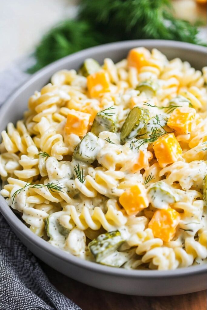 Creamy rotini pasta with pickles and cheese cubes, a great example of party side dishes.