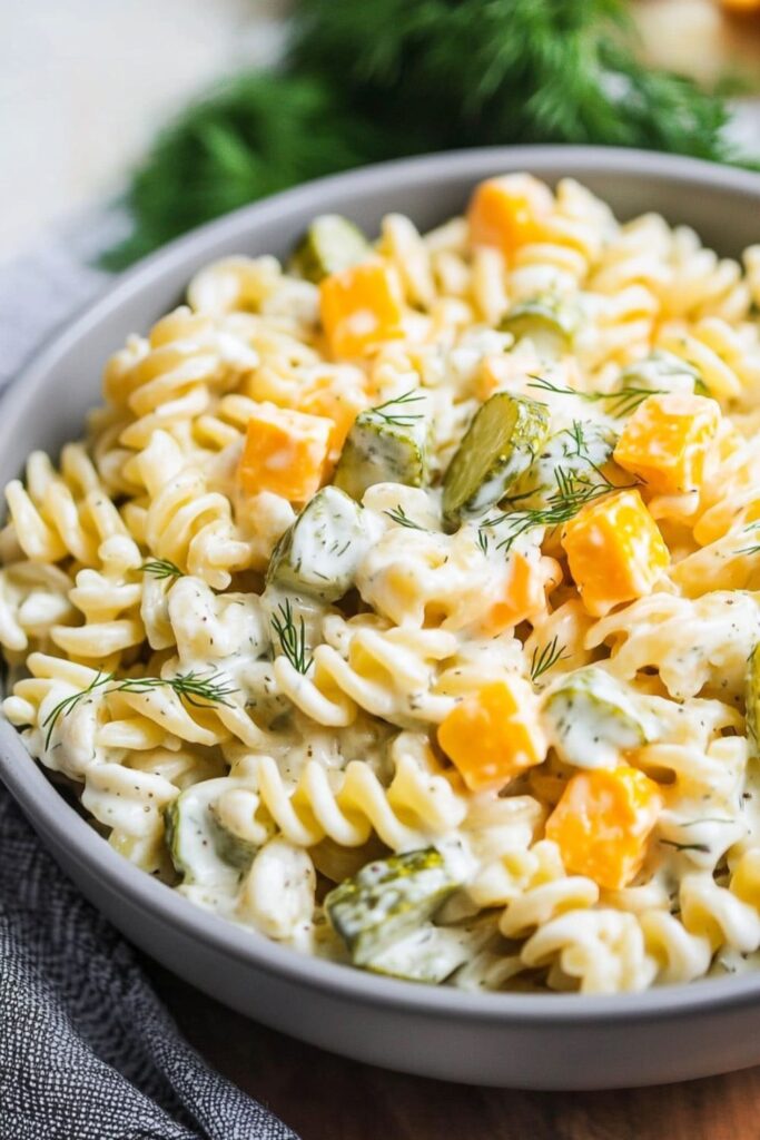 A bowl of rotini pasta salad with dill pickles and cheese, perfect as cookout sides.