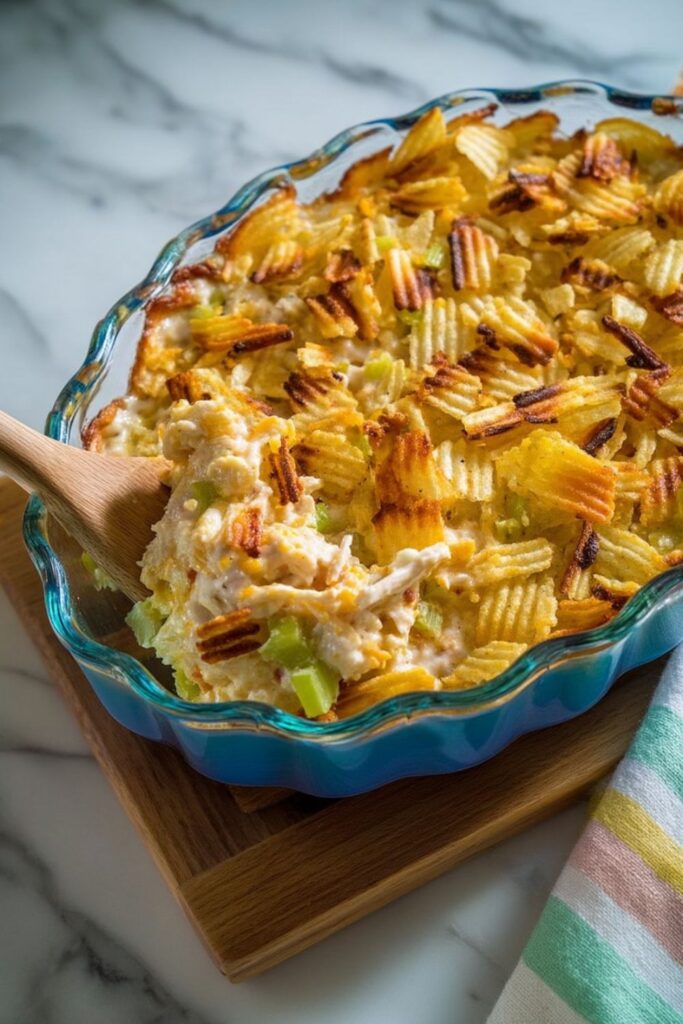 A bubbly chicken casserole topped with crushed chips, a standout from various cookout sides.