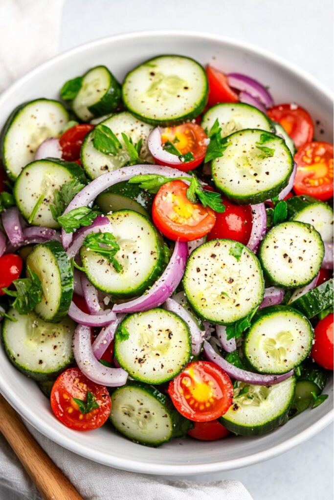 A bowl of sliced cucumbers, tomatoes, and red onions, perfect for July 4th salads.