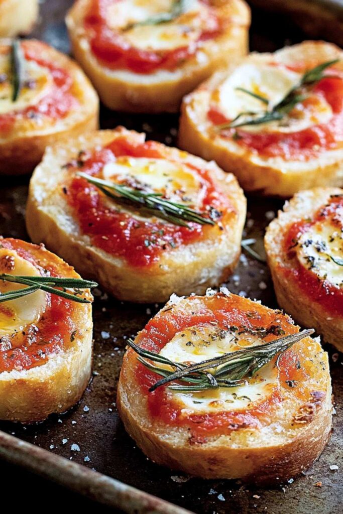 Toasted dinner rolls topped with tomato sauce, mozzarella, and rosemary for cookout side dishes.