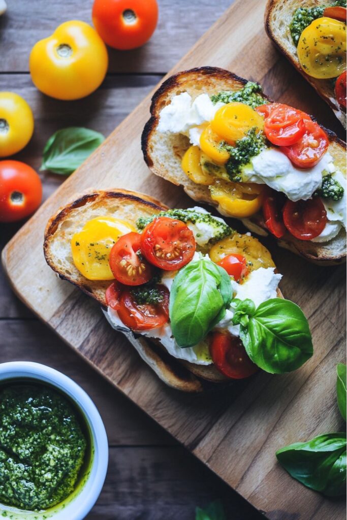 Toasted bread with green pesto, white burrata, and colorful tomatoes as a party side dishes choice.