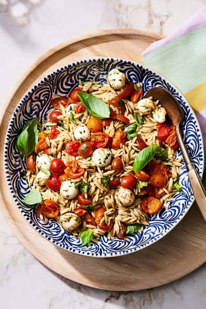 Fresh caprese orzo salad with roasted tomatoes and mozzarella, a delicious side dishes for bbq.