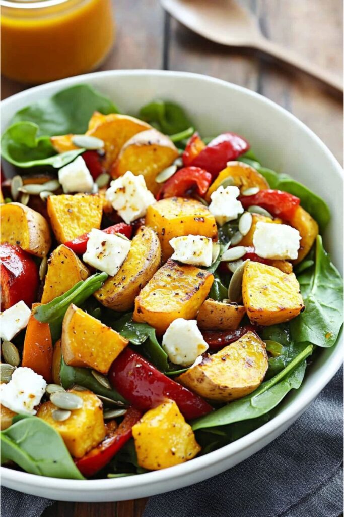 Roasted sweet potatoes and peppers with feta over spinach, a great choice for party side dishes.