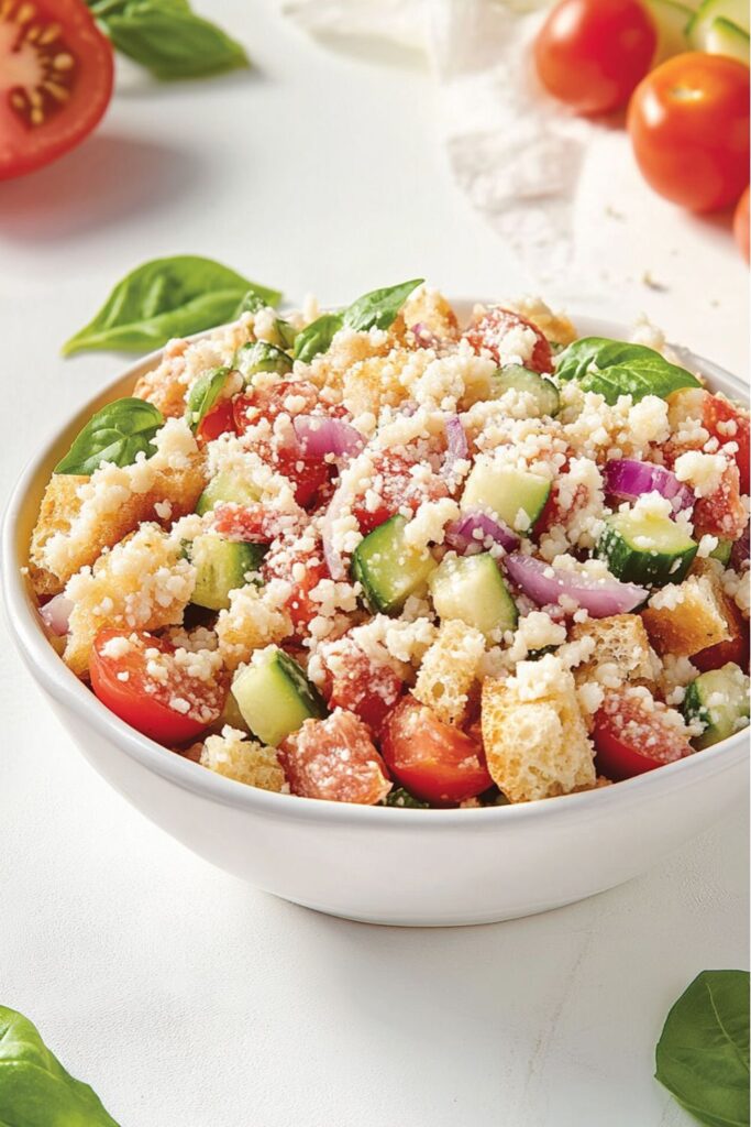 A bowl of rustic bread salad with tomatoes and cucumbers, featuring fourth of july salad ideas.