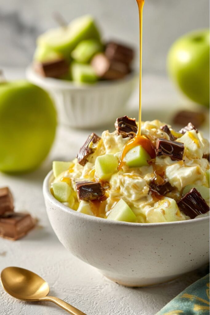 Creamy Snickers apple salad drizzled with caramel, a standout among Fourth of July salad ideas.