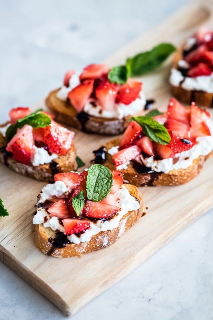 Toasted bread topped with white goat cheese and red strawberries, a great fourth of july salad ideas option.