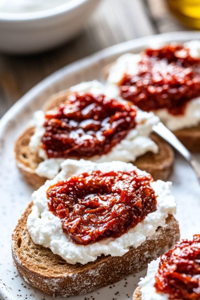 Toasted baguette topped with whipped feta and red tomato jam, a standout easy bbq sides choice.