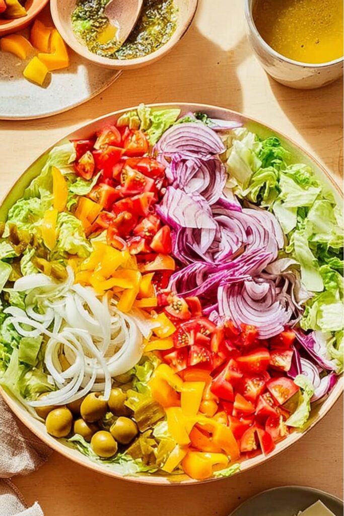 A colorful bowl with sections of peppers, onions, and tomatoes for easy BBQ side dishes.