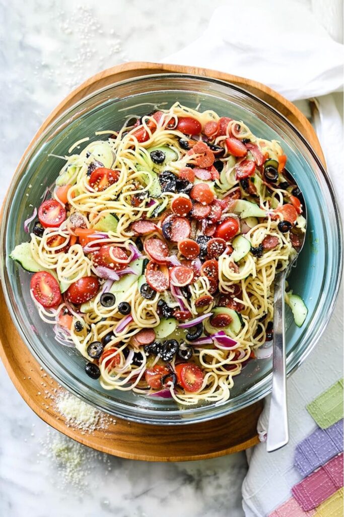 A large glass bowl filled with zesty Italian spaghetti salad, perfect as picnic side dishes.