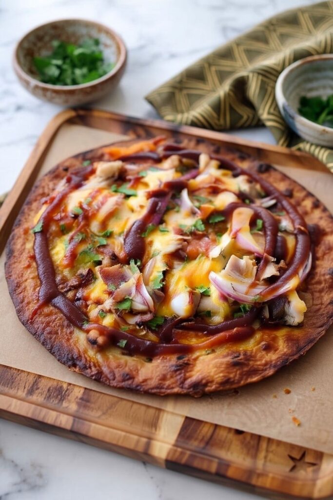 Crispy naan pizza topped with bbq chicken and red onions.