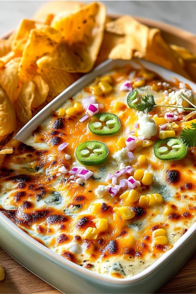 Warm street corn dip with jalapeño slices and tortilla chips in a baking dish