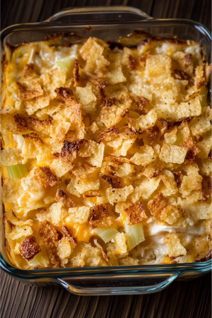 Warm chicken casserole topped with a layer of golden crushed potato chips.