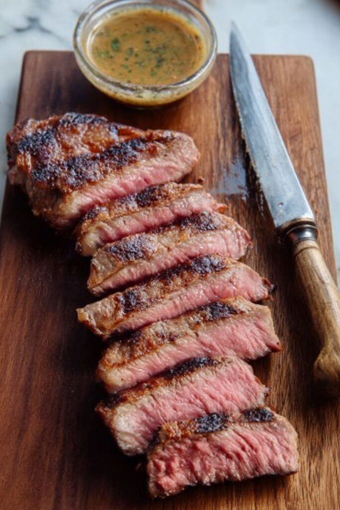 Sliced grilled New York strip steak with a side of herb butter.