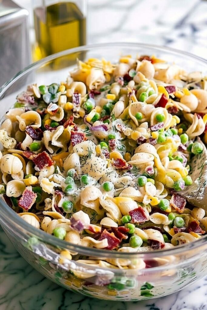 Cold pasta salad with bacon, peas, corn, and ranch dressing in a glass bowl