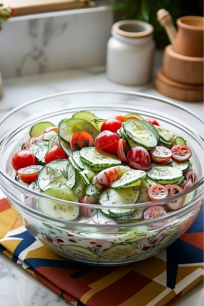 Bowl of sliced cucumbers and cherry tomatoes in a creamy dill dressing.