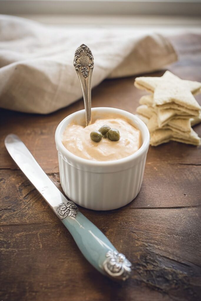 A small white ramekin filled with a creamy Italian spread topped with capers, placed beside a vintage knife and star-shaped crackers, perfect for Italian finger foods at a party.