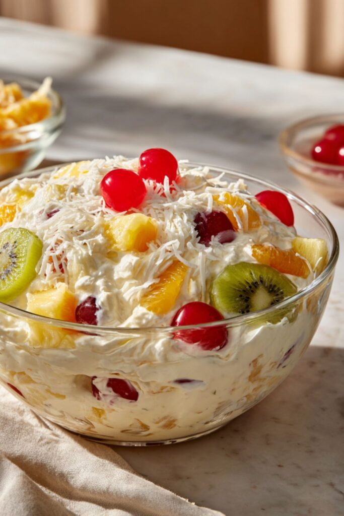 Glass bowl filled with creamy tropical fruit salad with cherries and shredded coconut