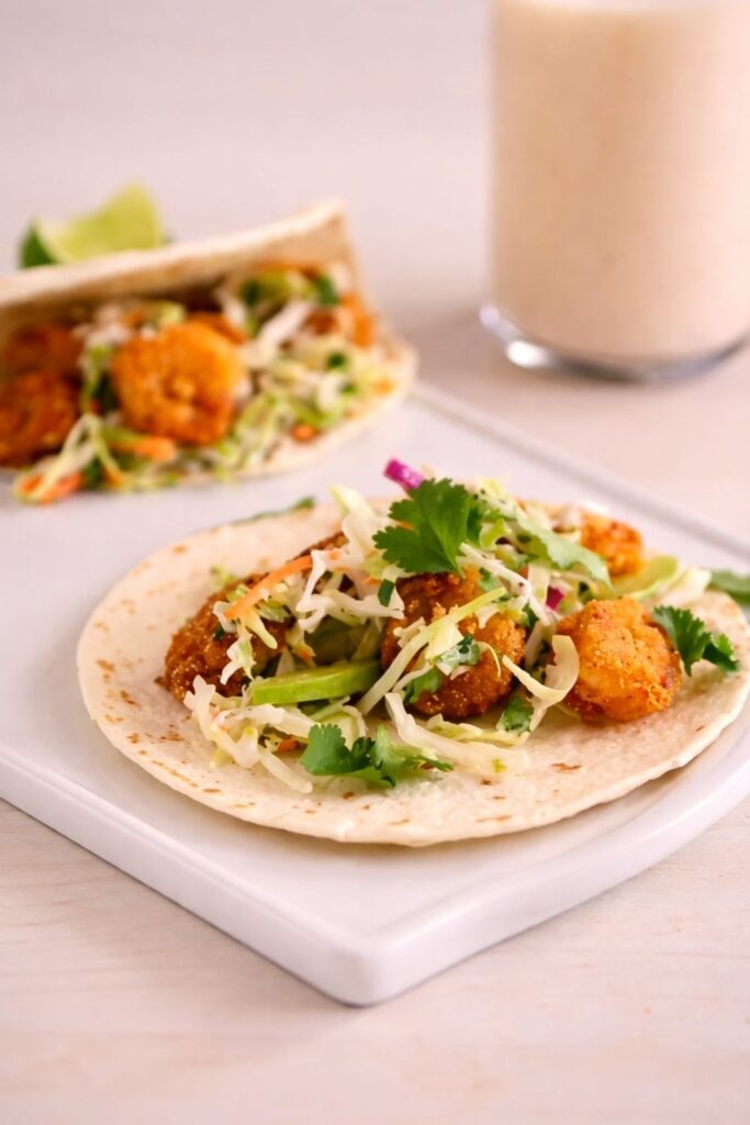 Crispy shrimp tacos topped with slaw on a plate with horchata.