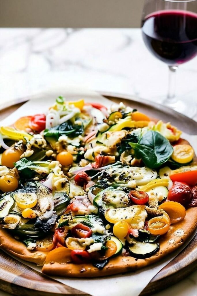 Colorful vegetable flatbread topped with zucchini, tomatoes, onions, and crumbled feta cheese