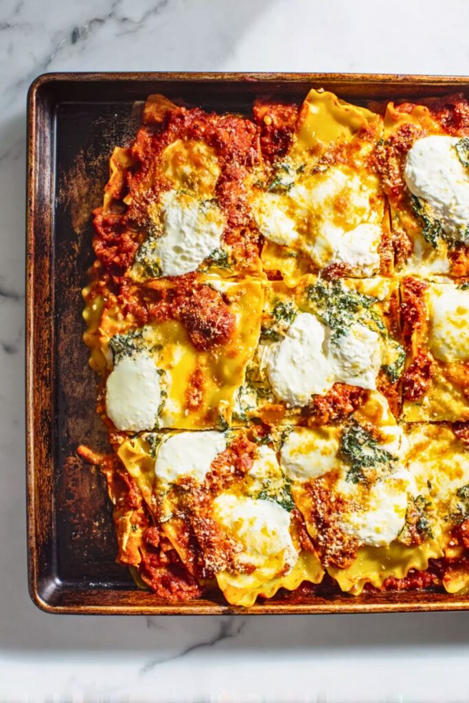 Golden sheet pan lasagna topped with dollops of spinach ricotta, melted mozzarella, and layers of broken pasta in marinara sauce.