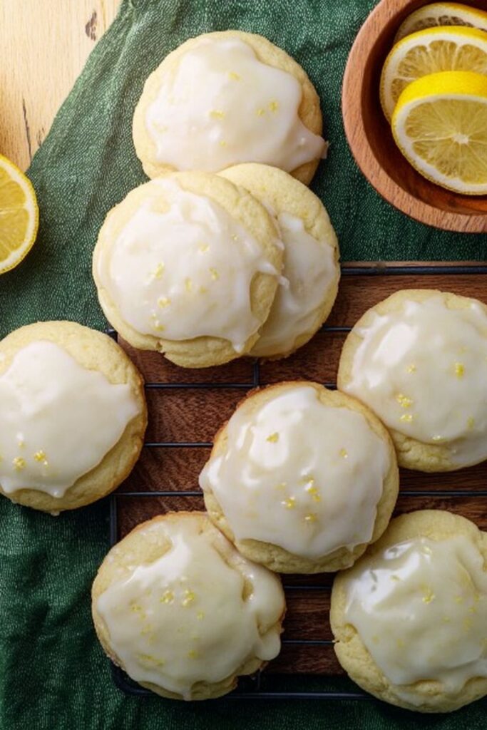 Soft lemon ricotta cookies with glossy lemon glaze cooling on a wire rack, surrounded by sliced lemons and a bowl of glaze.