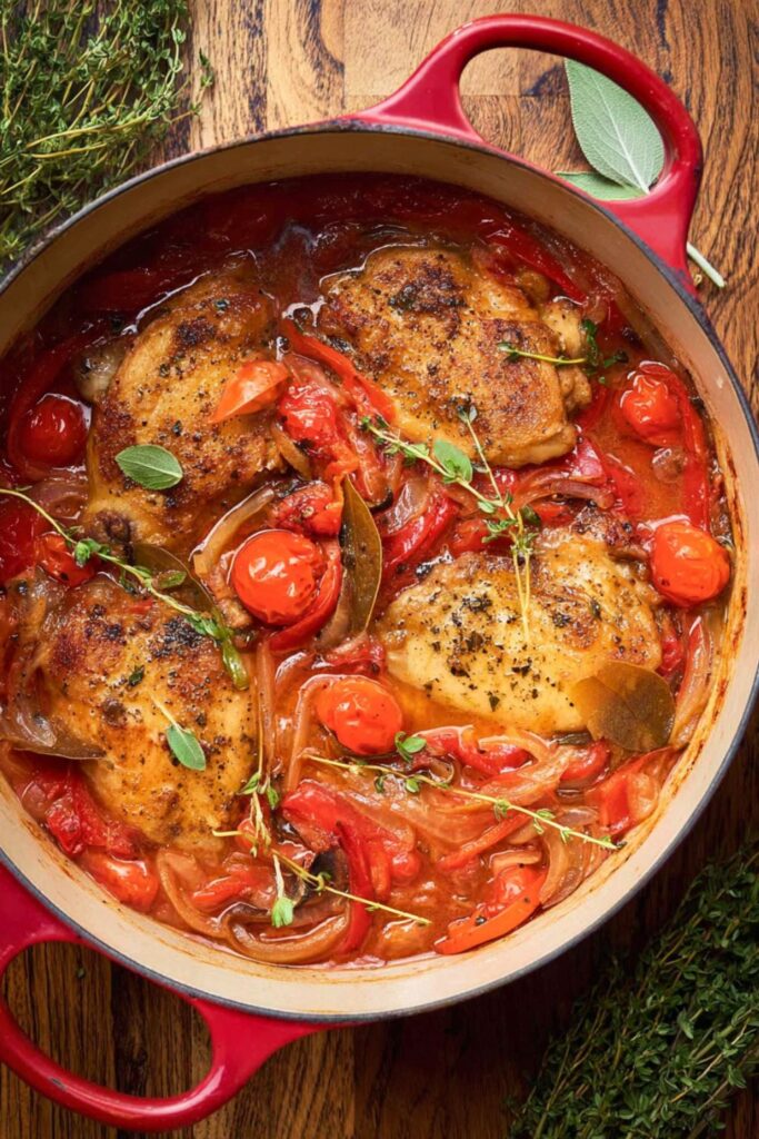A rustic red Dutch oven filled with Giada De Laurentiis' Roman-style chicken cooked in tomato sauce with bell peppers, herbs, and cherry tomatoes.
