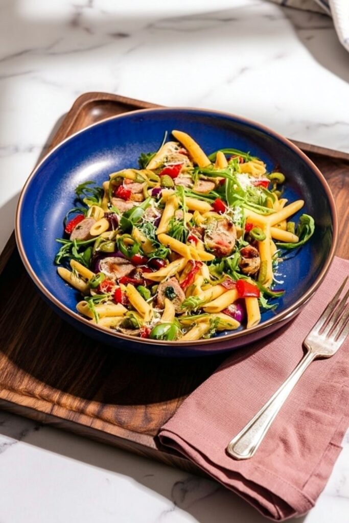 Grilled chicken sausage and colorful vegetables tossed with penne pasta in a blue bowl.