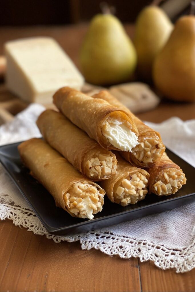 Savory Italian cannoli made with crispy phyllo dough, filled with a creamy Pecorino Romano and pear mixture, some topped with crushed hazelnuts.
