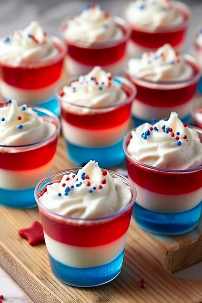 Tri-colored Jello shots in clear plastic cups topped with whipped cream and sprinkles