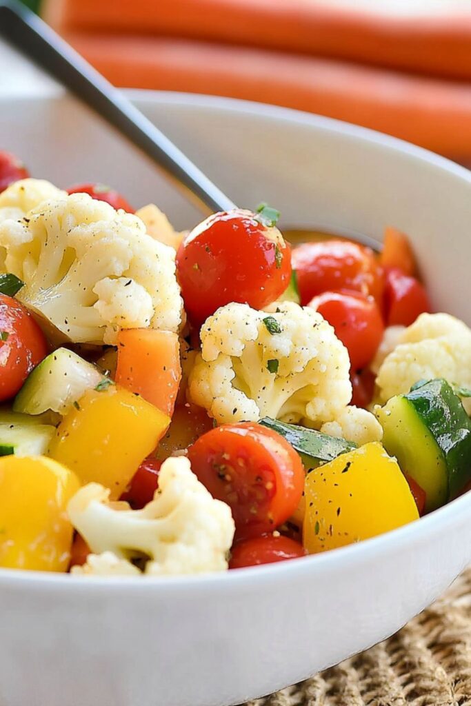 Colorful bowl of marinated raw cauliflower, tomatoes, and crisp bell peppers.